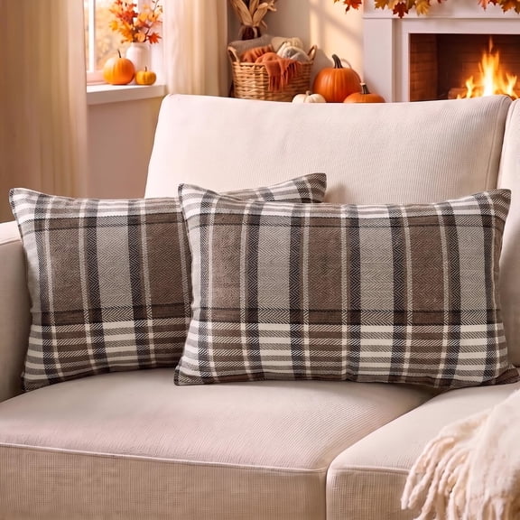 Brown Plaid Farmhouse Decorative Lumbar Pillow Covers 12x20 for Couch Sofa