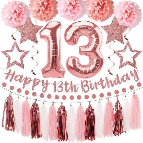13Pcs Happy 13th Birthday Decorations for Girls, Pink Rose Gold 13th Birthday Banner and Balloons, Glittery 13 Year Old Bday Tissue Pompoms, Circle Dots Garland, Tassel Garland Party Supplies