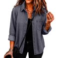 thumbnail image 2 of Stralyhd Jean Jacket Women Long Sleeve Fall Retro Denim Jackets Short Lapel Jean Coats Button Down Denim Shirt with Chest Pockets Gray M, 2 of 6