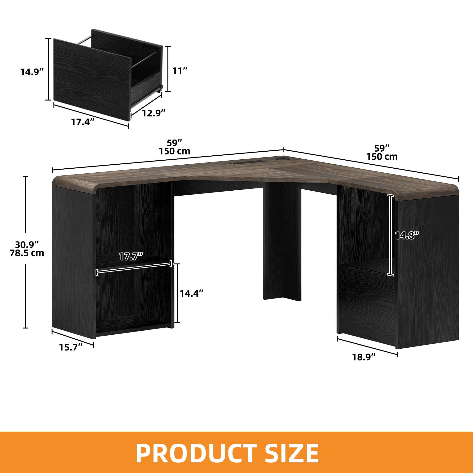 Homiflex L Shaped Desk with File Drawer 59" Modern Corner Computer Desk with Storage L Shape Home Office Desk Executive Desk with Power Outlets Storage Shelves File Cabinet for Working Writing, Black
