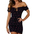 thumbnail image 2 of Womens Sexy Floral Mini Dress Off The Shoulder Lace Up Ruffle Bodycon Dresses Beach Party, 2 of 3