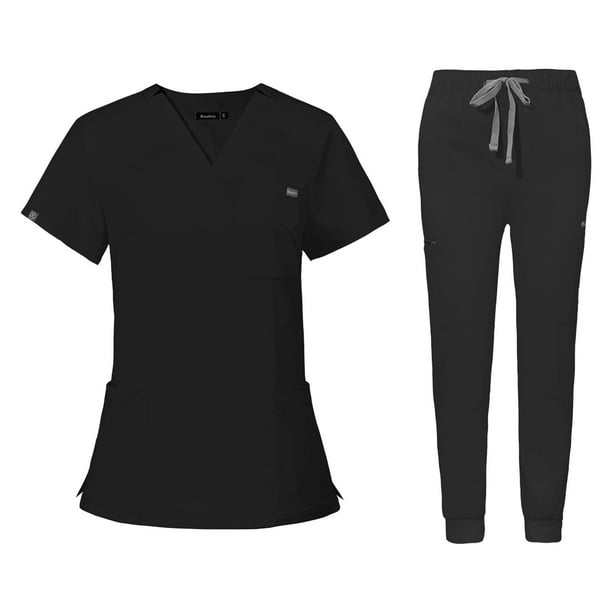 Esquirla Nursing Outfit Scrub Set with Pockets, Nurse Top Pants,  Comfortable Workwear for Black S