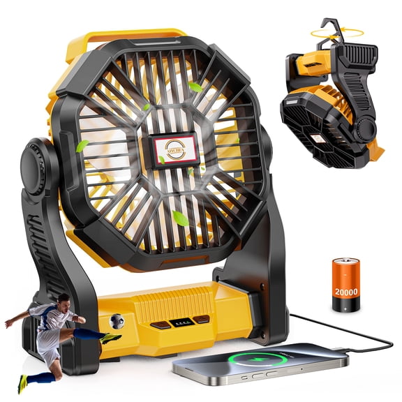 20,000mAh Portable Camping Fan with LED Lantern, Rechargeable Battery Operated Outdoor Fan, 4 Speeds, 270° Rotation, Power Bank Function for Tent, Hiking, Fishing, Emergency, Sports & Game Day, Yello