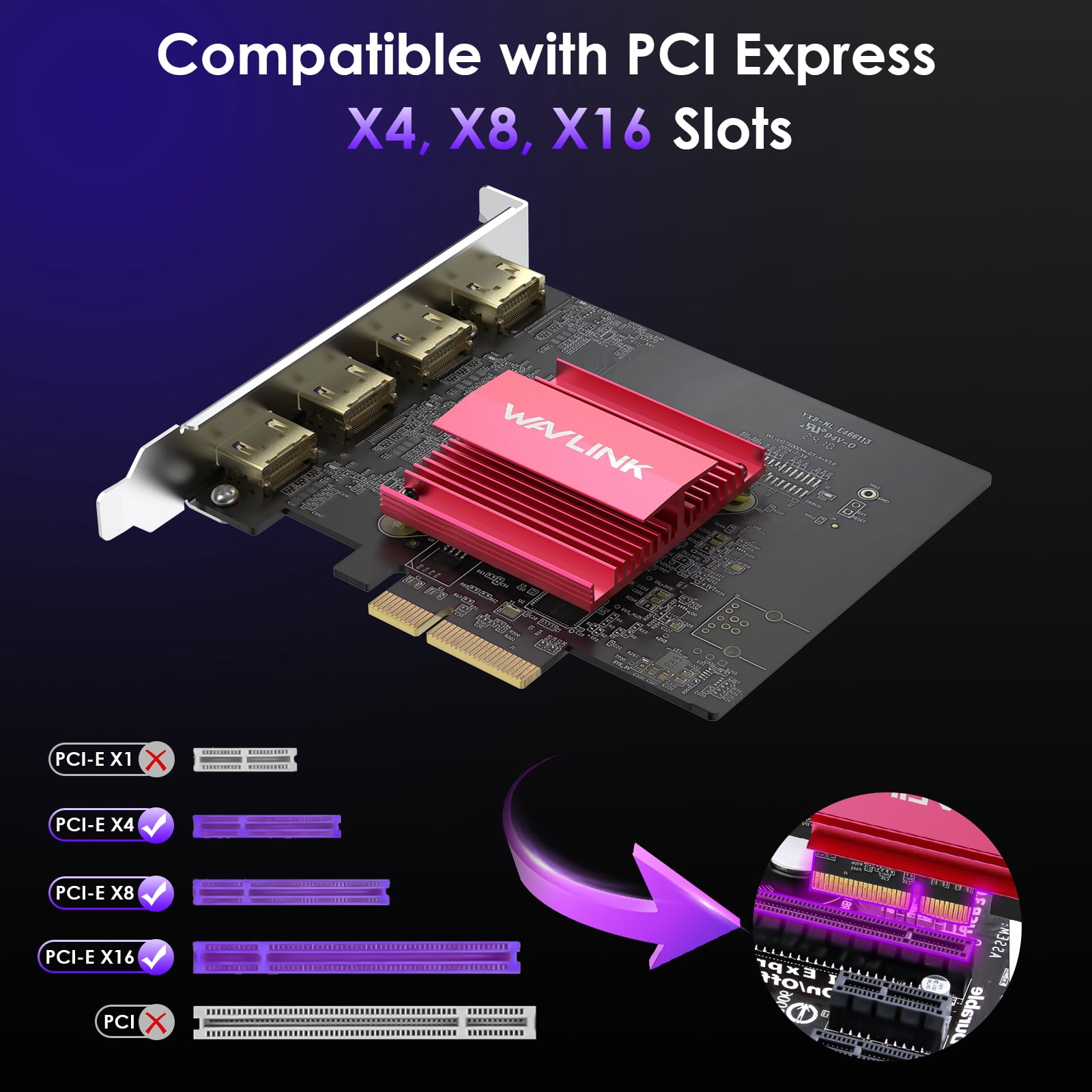 WAVLINK PCIe 3.0 to Quad 4K@60Hz HDMI Graphics Card - Global Debut with DisplayLink DL7400, 4 HDMI Ports, PC Video Card with Standard Profile, Supports Multiple Monitors for Windows 11/10 & Ubuntu