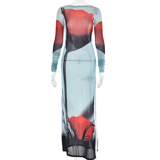 Women's Sexy See-Through Mesh Long Sleeve Dress High Waist A-Line Long Skirt Blue Floral Print Round Neck