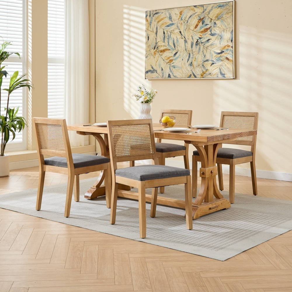 Rattan Dining Chairs Set of 2, Farmhouse Mid Century Modern Kitchen Chairs with Cane Backrest, Linen Upholstered Seat, Solid Wood Frame, Gray