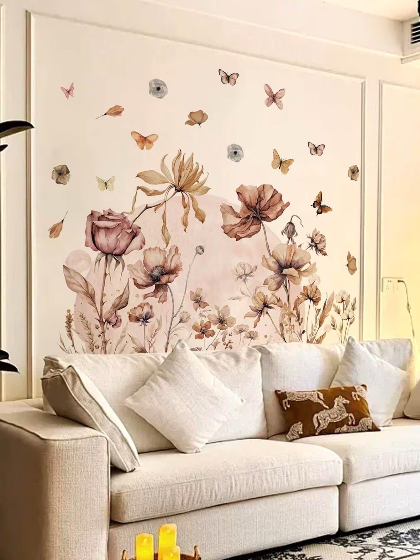 Boho Flower Wall Decals Garden Floral Butterflies Wildflower Wall Stickers Removable Self-Adhesive Vinyl Wall Clings for Living Room Bedroom Sofa TV Background Wall Art Decor