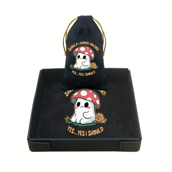 Mushroom Design Foldable Square Dice Tray with Drawstring Pouch - Cute RPG Tabletop Gaming Accessory, Durable PU Material & Compact Storage for D&D, Board Games