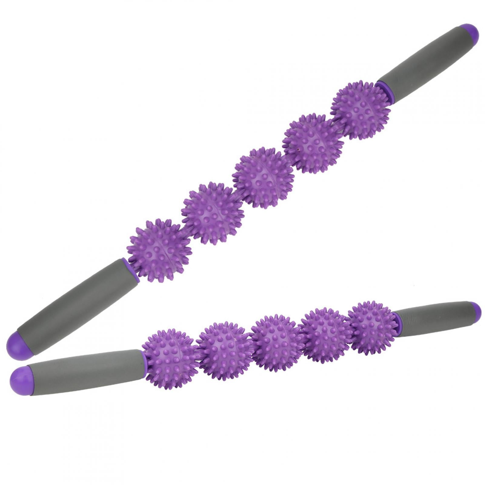 BIMZUC 2Pcs Massage Stick Muscle Relaxation Massager Five Balls Spiky Fascia Rods Yoga Roller 20.5 inches / 52 cm Purple