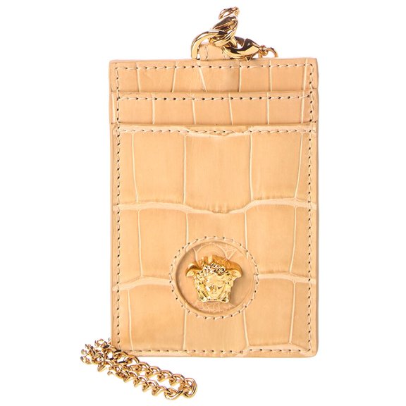 Versace La Medusa Croc-Embossed Leather Card Holder On Chain, Brown