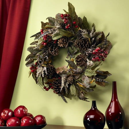 Nearly Natural 24in. Pinecone, Berry & Feather Wreath