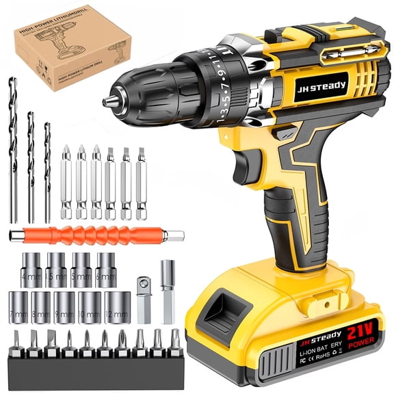 21Vcordless drill Heavy-Duty Cordless Drill & Tool Set with 1-2 Batteries, All-in-One Hand Tool Set,Lithium-Ion Drill Press, Screwdrivers, Bits, Wrenches,