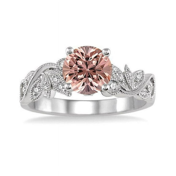 Limited Time Sale 1.25 Carat Round cut Morganite and Diamond Flower leaf shape Engagement Ring for Women in 10k White Gold Plating