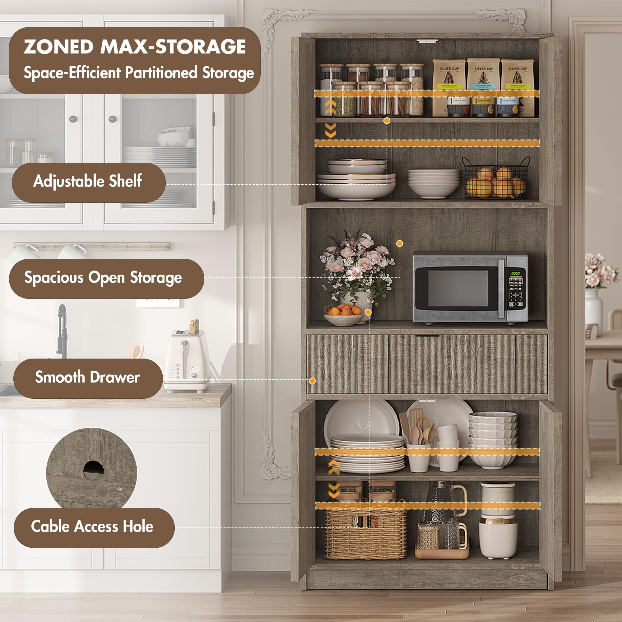 Huisuilinss Fluted Pantry Cabinet,Kitchen Pantry Cabinet,70" Tall Pantry Storage Cabinet With Countertop,Kitchen Hutch Cabinet With Doors And Drawer,Freestanding Cupboard For Dining Room Living Room