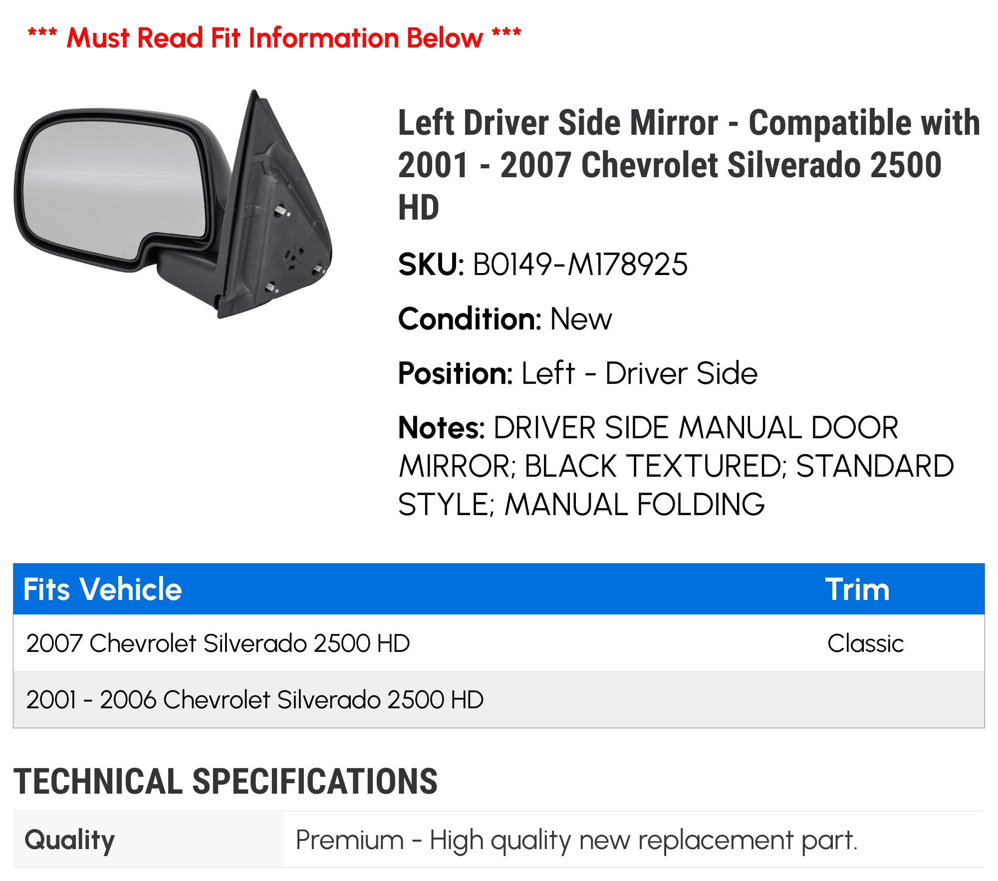 Left Driver Side Mirror - Compatible with 2001 - 2007 Chevy Silverado 2500 HD 2002 2003 2004 2005 2006