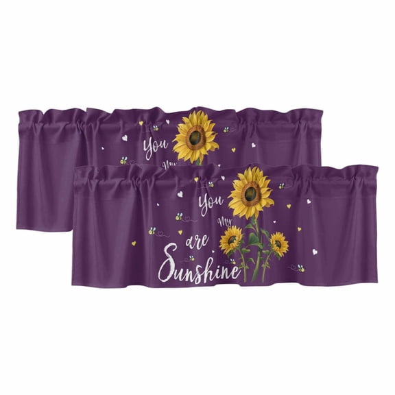 Purple Sunshine Sunflower Curtain Valances for Windows, Kitchen Valance Window Treatments Panel 2 Pack, Pastoral Bees Farmhouse Floral Rod Pocket Short Curtains for Bathroom Bedroom 60 x 18 Inch