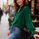 thumbnail image 5 of Ounisa Women's Velvet Tops Dressy Casual Long Sleeve Smocked Work Blouses Trendy Blusas Elegantes Button Down Shirts, 5 of 7