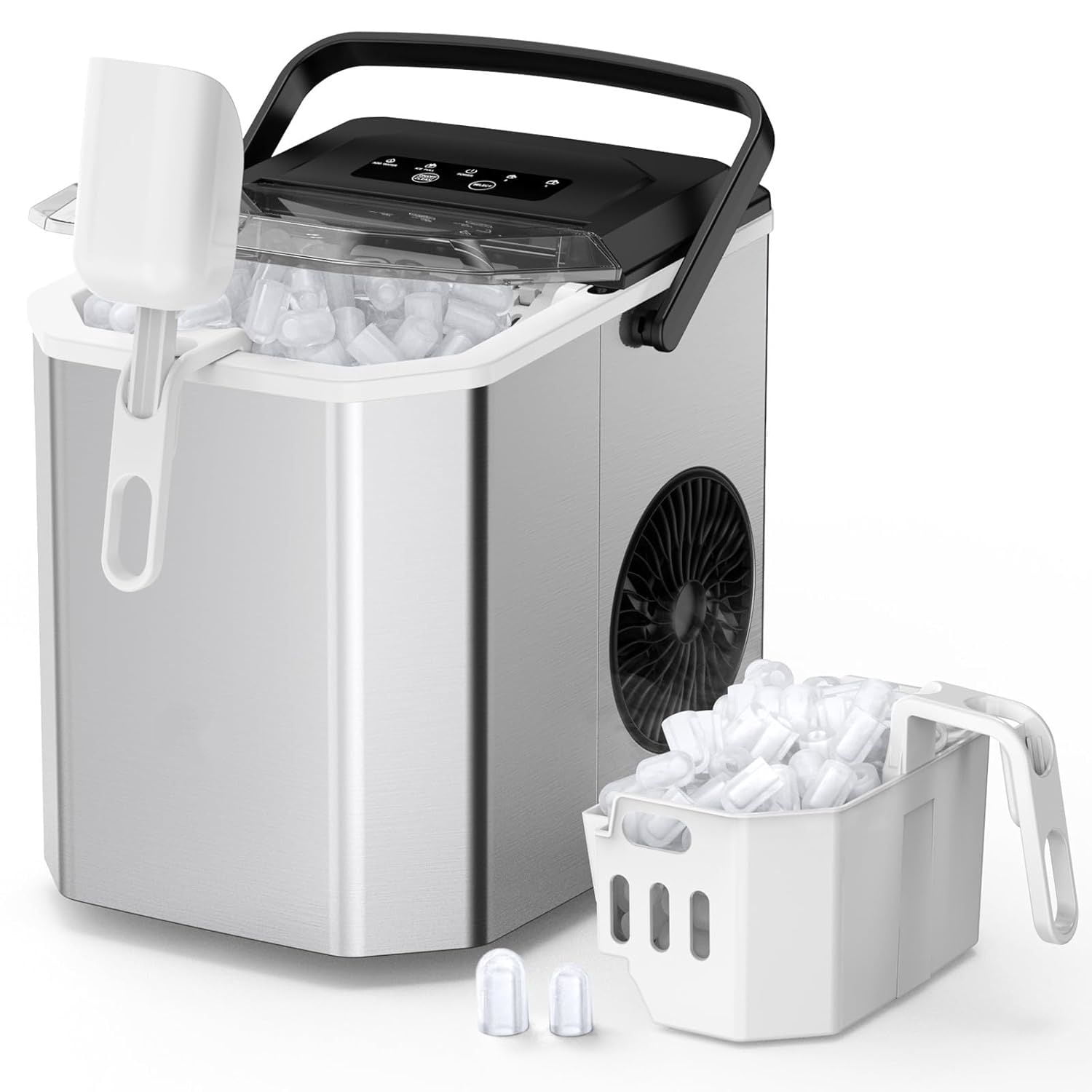 Stainless Steel Ice Maker, Self-Cleaning Ice Maker Machine, 12kg/24H, 2 Sizes 9 Ice Cube Ready in 6 Mins Ice Machine with Handle, Scoop & Basket, 1.5L Ice Cube Maker for Home/Kitchen/Office/Bar