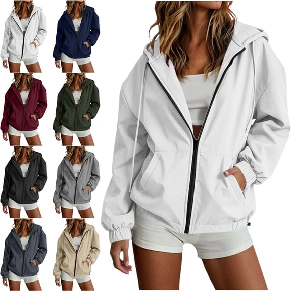 Windbreaker Jacket for Women Oversized Drop Shoulder Drawstring Hood Adjustable Hem Solid Color Trendy Hooded Coat with Pockets