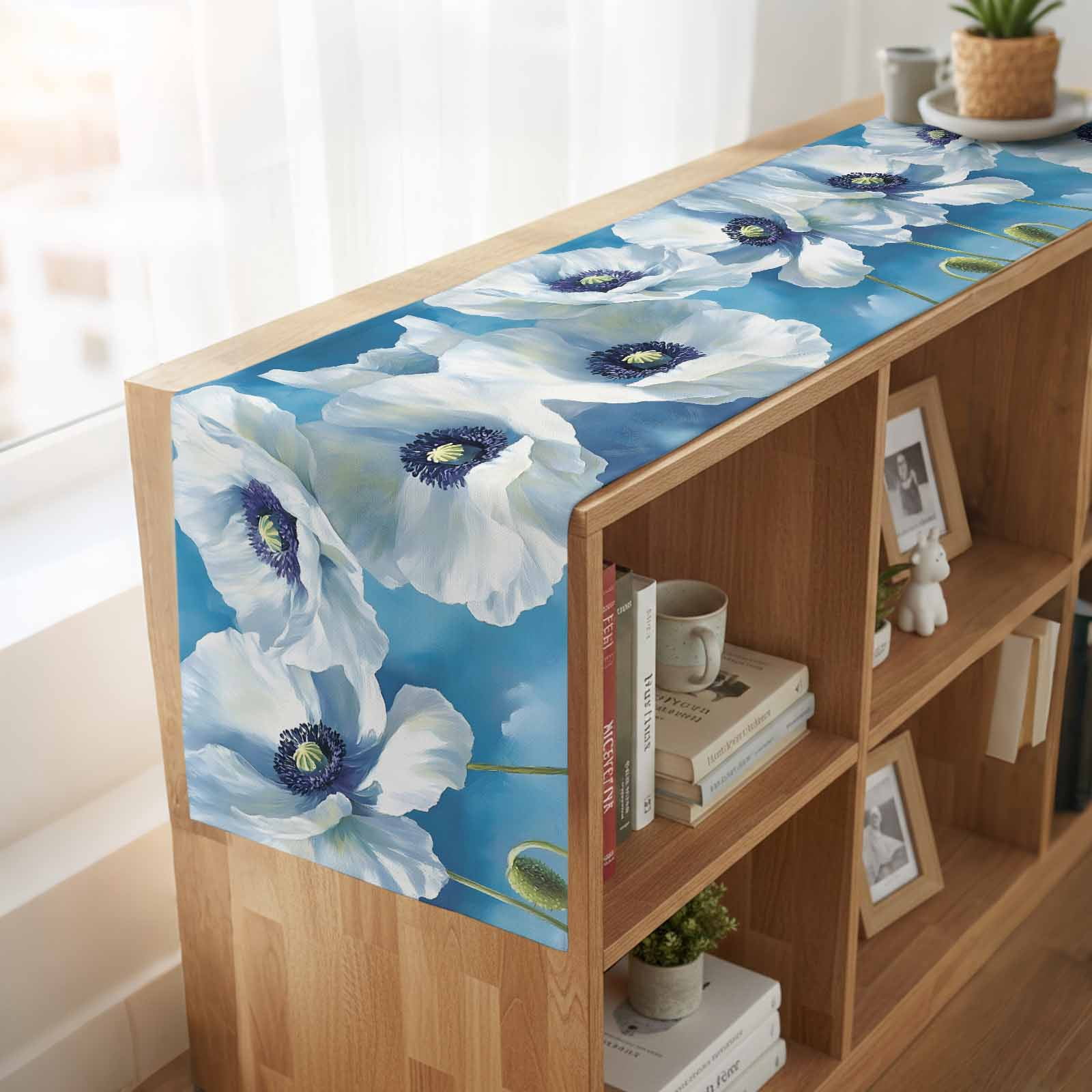 White Blue Floral 90 Inch Table Runner, Vintage Painting Art Country Spring Farmhouse Dresser Scarf Cotton & Linen Tablerunner for Dining/Kitchen Island/Holiday Party Décor 13" x 90"