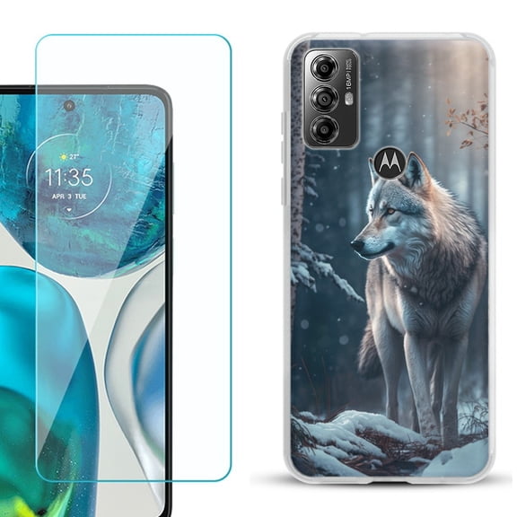 OneToughShield ® for Motorola Moto G Play 2023 Shockproof Fashion Phone Case, with Tempered Glass Screen Protector - Wolf Winter