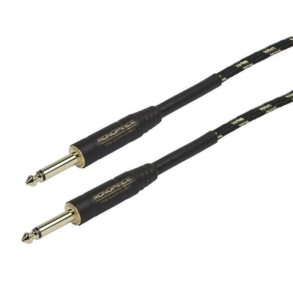 Monoprice Braided Cloth 1/4 Inch (TS) Male 20AWG Instrument Cable Cord - 50 Feet- Black (Gold Plated)