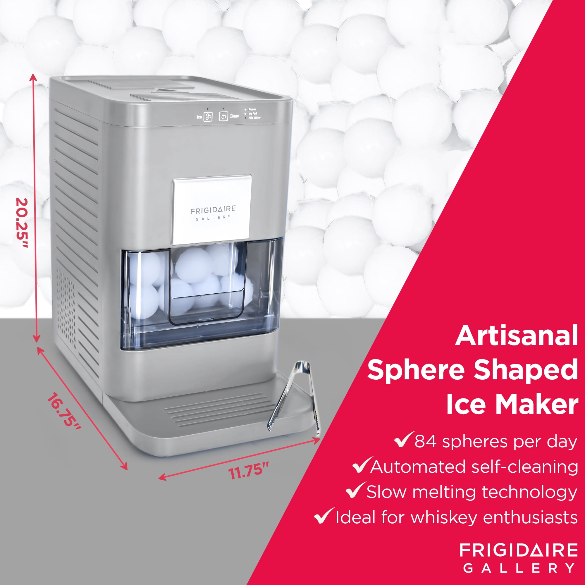 Frigidaire Gallery 44 lbs. Artisanal Sphere Ice Maker, Self-Cleaning Ice Machine with Touchscreen  Controls, Grey