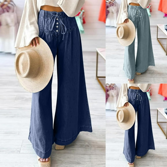 FRSASU Women's Wide Leg Baggy Jeans Plus Size Loose Elastic Waist Lace up Denim Pants with Back Pockets Light Blue