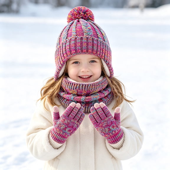 Kids Winter Hat Scarf Gloves Set 3 Pcs Knit Fleece Lined Pompom Beanie with Earmuffs Neck Warmer Touch Screen Gloves Toddler Thick Thermal Sets Hot Pink 2-10 Years