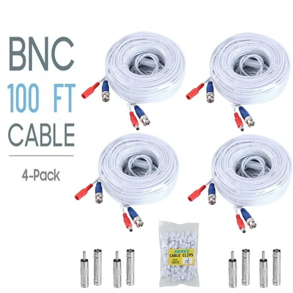 ANNKE 4 Pack 30M/100ft All-in-One Video Power Cables, BNC Extension Security Wire Cord for CCTV Surveillance DVR System Installation, Free BNC RCA Connector and 100pcs Cable Clips Included (White)