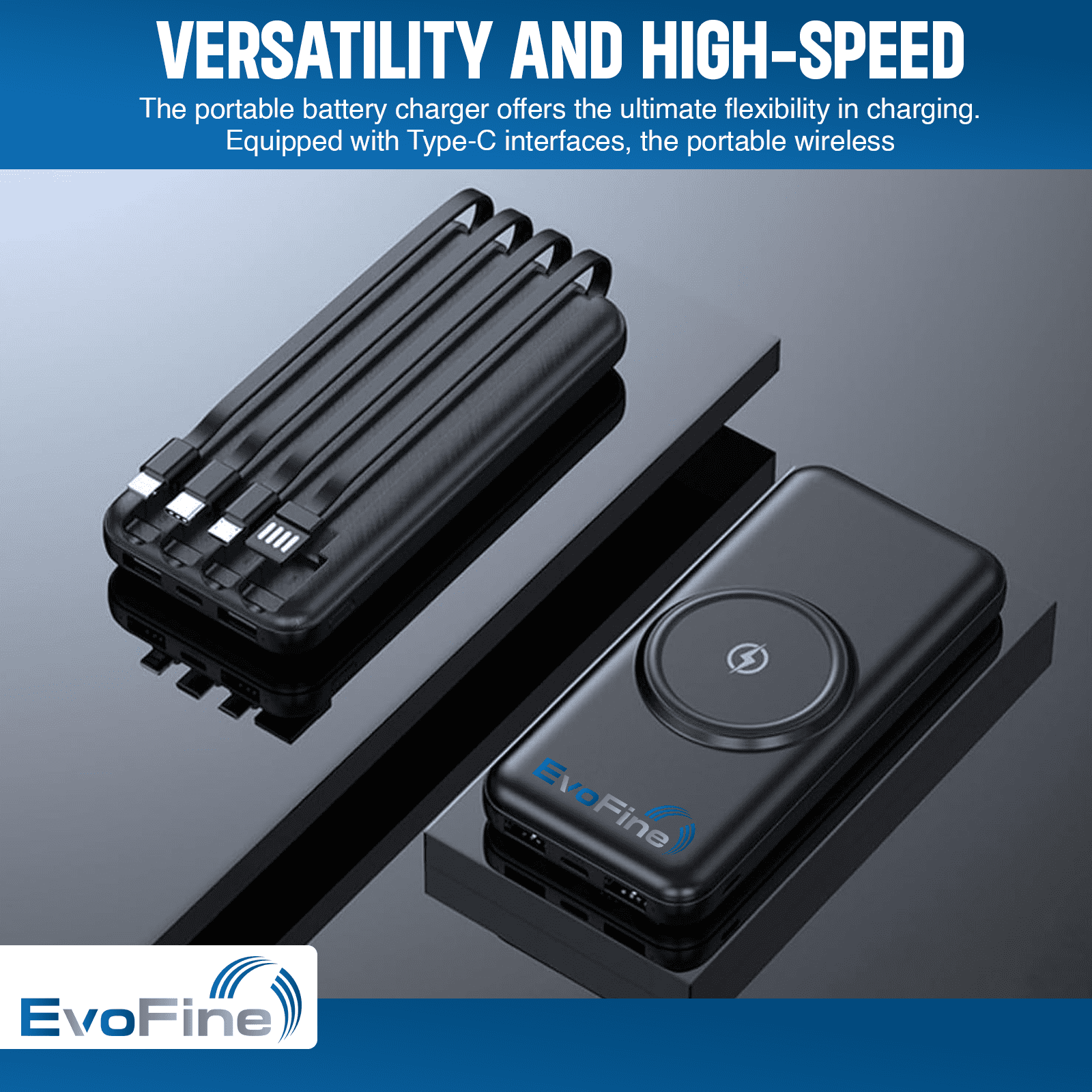 EvoFine Wireless Power Bank, Portable Charger with Built-in 4 Cables, Power Bank 20000mAh Charger