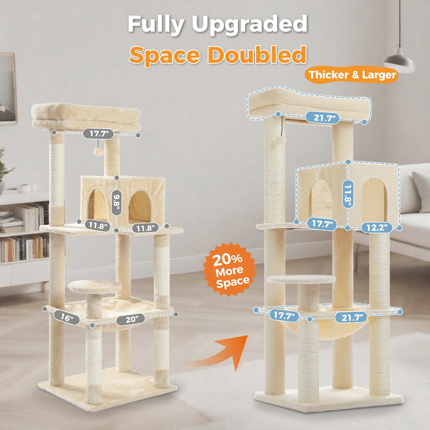 Pefilos 57" Cat Tree Tower for Indoor Cats, 5-Level Cat Condo with Large Hammock, Big Top Perch and 4 Sisal Covered Scratching Pos, Beige