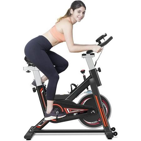 Indoor Cycling Bike Trainer with Comfortable Seat Cushion, Belt Drive System and LCD Monitor for Home Workout