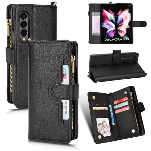 Magnetic Wallet Case Designed for Samsung Galaxy Z Fold 3 Case, PU Leather Zipper Folio Protective Case with Magnetic Closure & Card Holder & Crossbody Strap for Galaxy Z Fold 3,Black