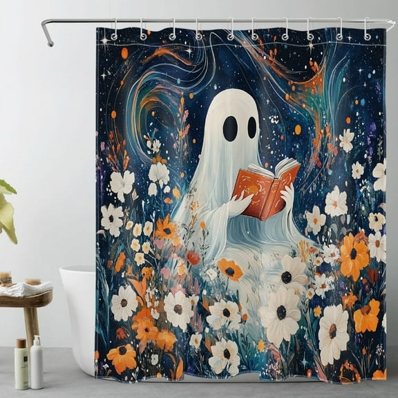HVEST Halloween Ghost Floral Shower Curtain with Cute Funny Ghost Reading Book Design - Fantasy Sky Bathroom Decor, Waterproof Polyester Fabric, Includes 10 Hooks, 60x72 Inches