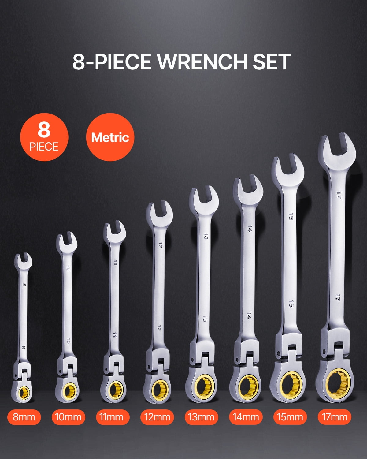 KFFKFF 8-Piece Flex-Head Ratcheting Wrench Set with Roll-Up Pouch, Cr-V Steel Combination Wrenches, Metric Sizes 8 mm to 17 mm, Suitable for Household and Automotive Repairs