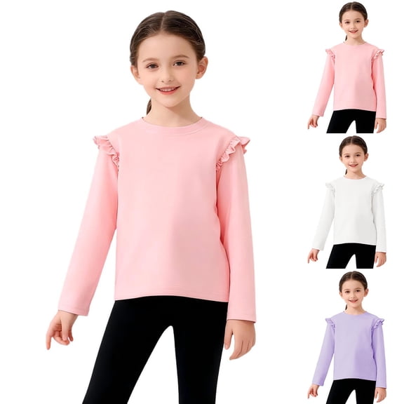 Miluxas Girls Cotton Long Sleeve T-Shirt Toddler Comfort Soft Thick Basic Crewneck Tee Tops with Ruffles Trim White 13-14 Years
