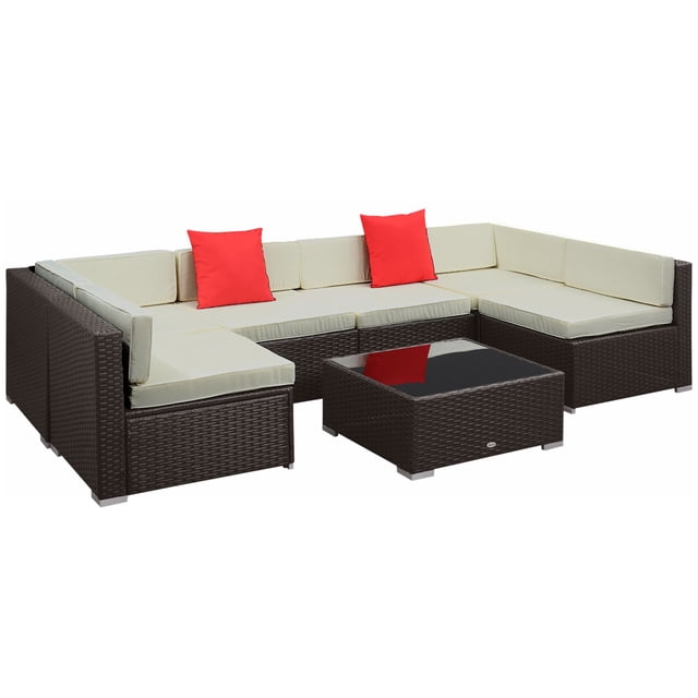 7-Piece Outdoor Wicker Sectional Sofa Set - Dark Brown & Beige Patio Furniture for Living Room, Garden & Entryway - Weather-Resistant PE Rattan Design