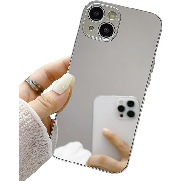 iPhone 14 Mirror Case, Glossy Hard Mirror Silver Plating Cute Women Girls Makeup Mirror Case Shockproof Camera Full Protection Case for iPhone 14