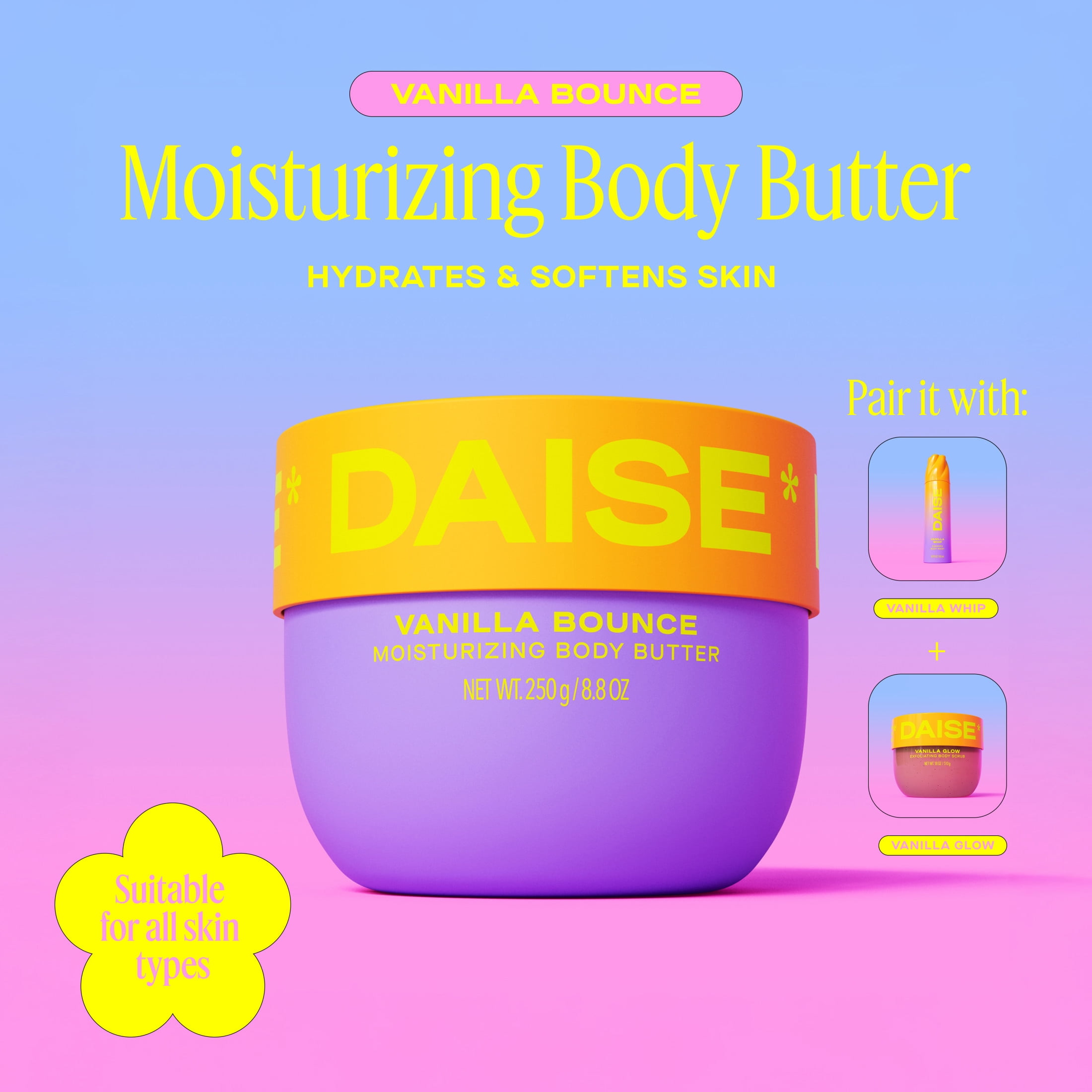 Daise Moisturizing Body Butter in Vanilla Bounce, With Shea and Cocoa Seed Butters, 250 g