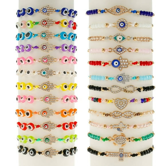 24Pcs Evil Eye Bracelet Pack Mexican Bracelet Set Handmade Evil Eye Strand Bracelet Adjustable Good Luck Mal De Ojo Anklet Amulet Bangle Evil Eye Anklet Jewelry Gift for Women Girl