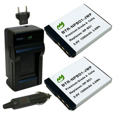 Replacement for Sony NP-BD1 Battery (2-Pack 1000mAh) and Charger