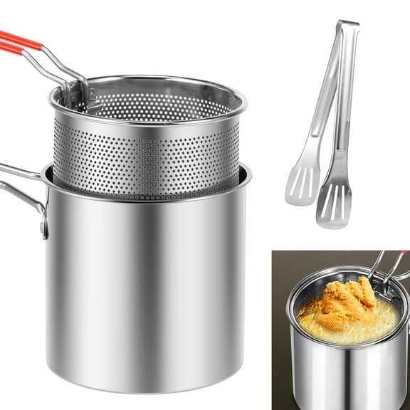 Evjurcn Deep Fryer with Strainer Basket and Handle Stainless Steel Fry Pot Durable Food Grade Outdoor Fryer with Lid Portable Food Cooking Pot for Frying Fish Shrimp Chicken and Fries