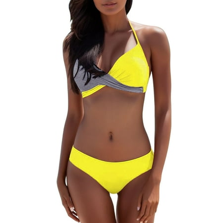 Swimsuits Women Beachwear Padded Push Up Bra Solid Color Bikinis Set Grey Women s Swimwear L