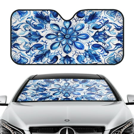 Car Windshield Sun Shade 55x30 Inch UV Protection Sun Visor for Front Window Fits Cars & SUVs-Blue_and_white_pattern_in_the_style_of_traditional