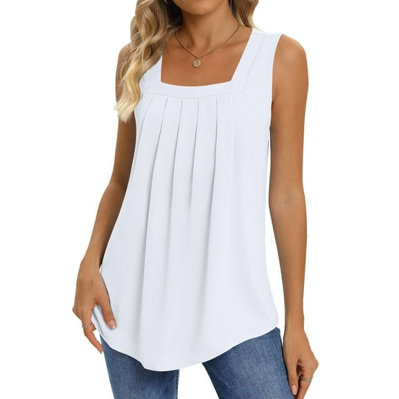 UVN Summer Tank Tops for Women Square Neck Sleeveless Tops Pleated Curved Hem Flowy Shirts Loose Fit Camis