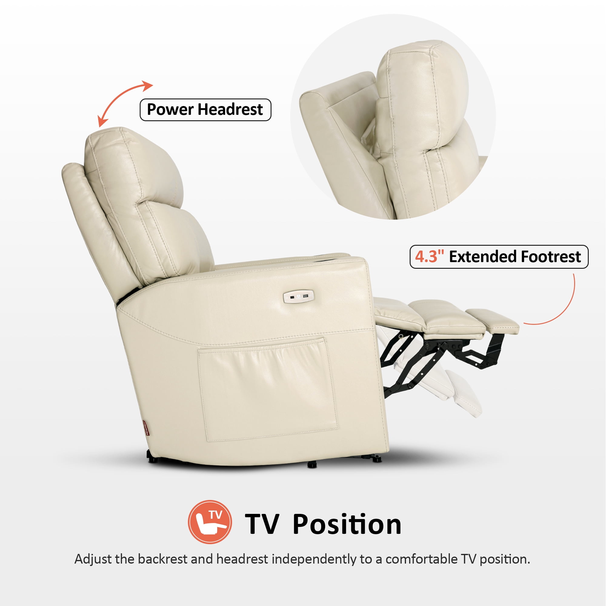 MCombo 380lbs Oversized Dual Motors Lay Flat Power Lift Recliner Chair with 27'' Extra-Wide Seat for Heights 5'7''-6'6" Big and Tall People, Faux Leather(Cream White)