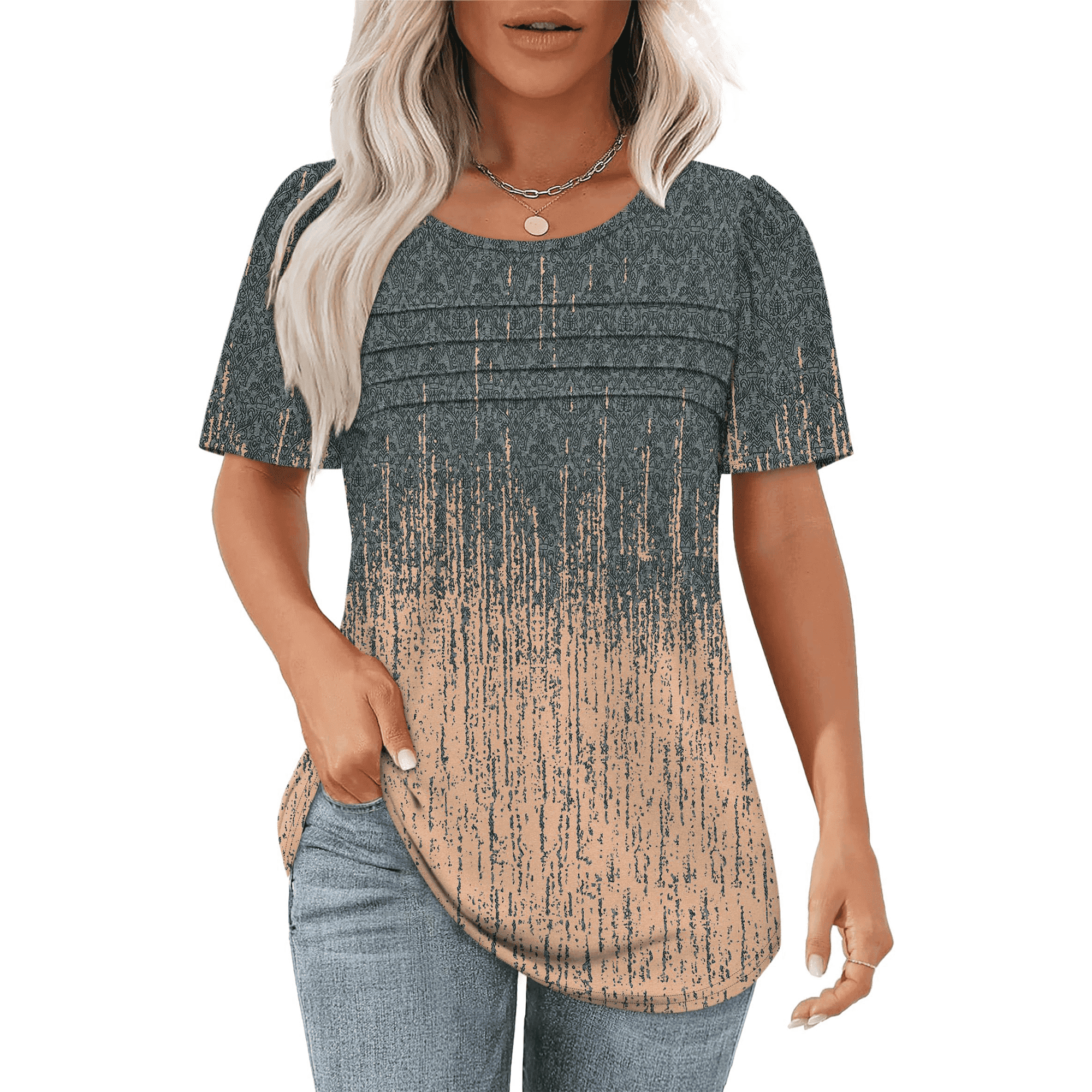 SOMER Womens Dressy Casual Blouses Short Sleeve Tops Pleated Front Crew Neck T Shirts for Going Out Work,2026 Summer Trendy