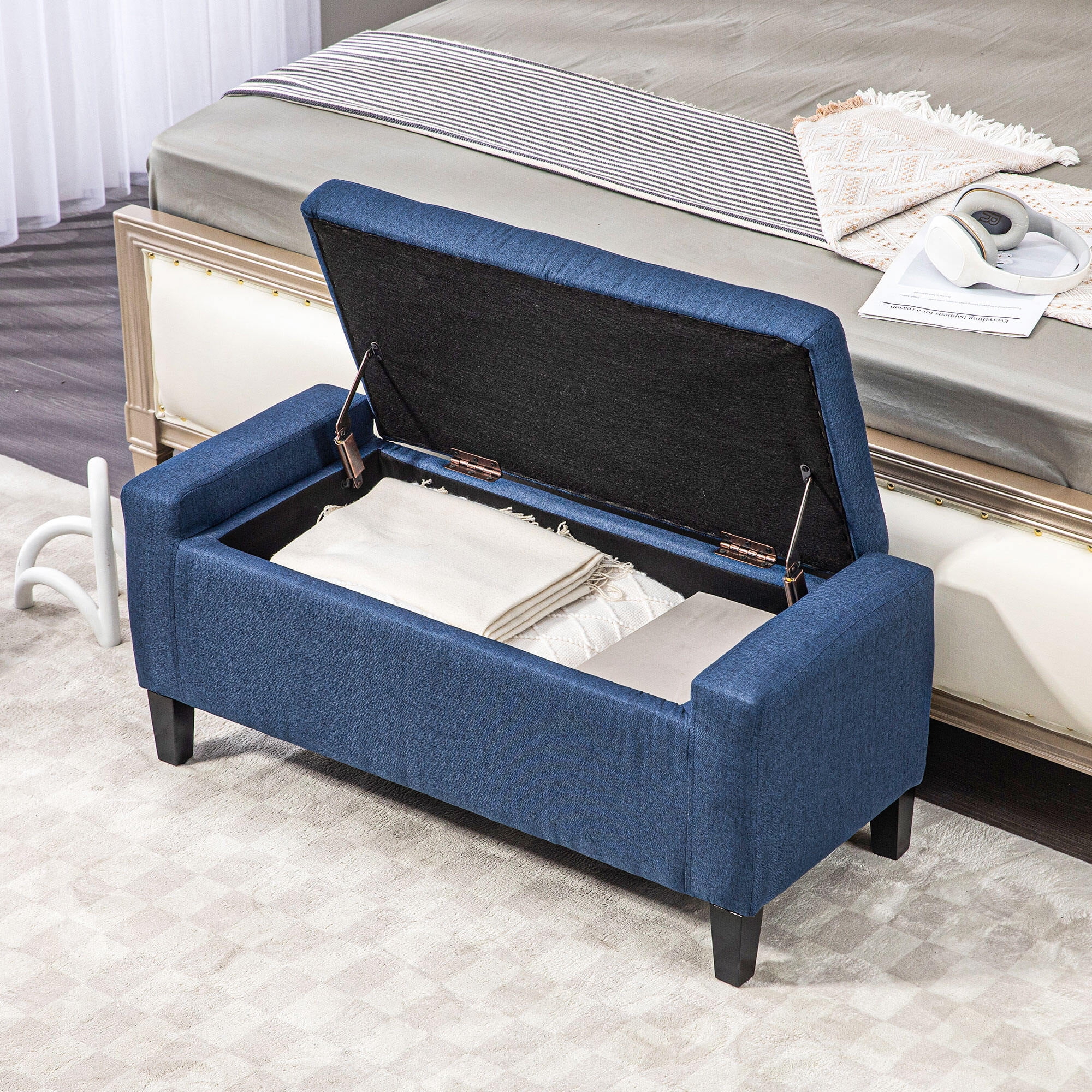 Ottomans With Storage HOMCOM Storage Ottoman, Linen Upholstered Storage Bench with Lift Top and Button Tufted for Living Room, Dark Blue,Living Room Ottomans