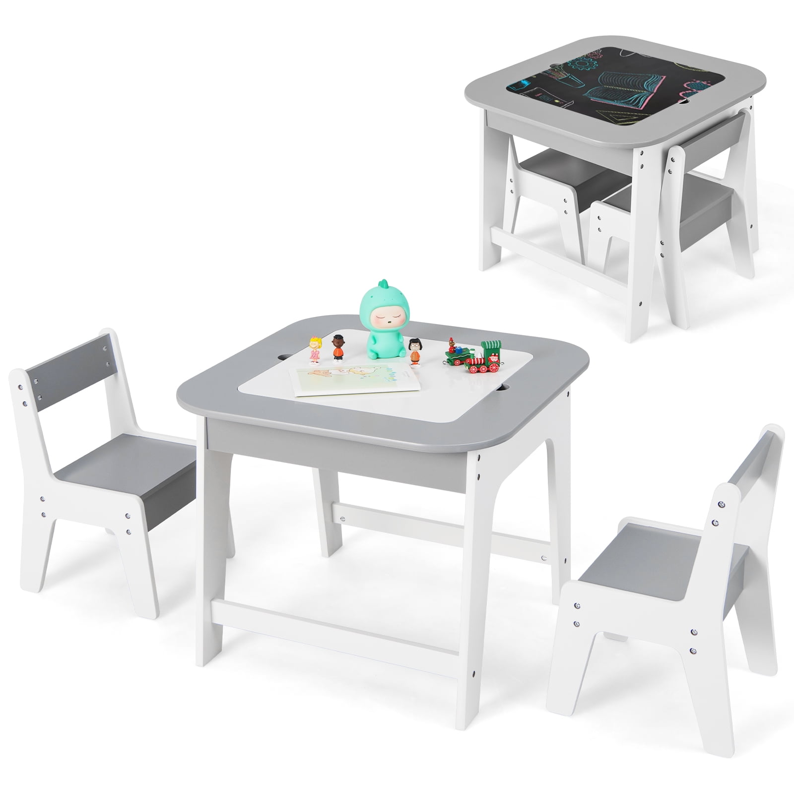 OLAKIDS Kids Table and Chair Set, 3 in 1 Wooden Activity Table with Removable Tabletop